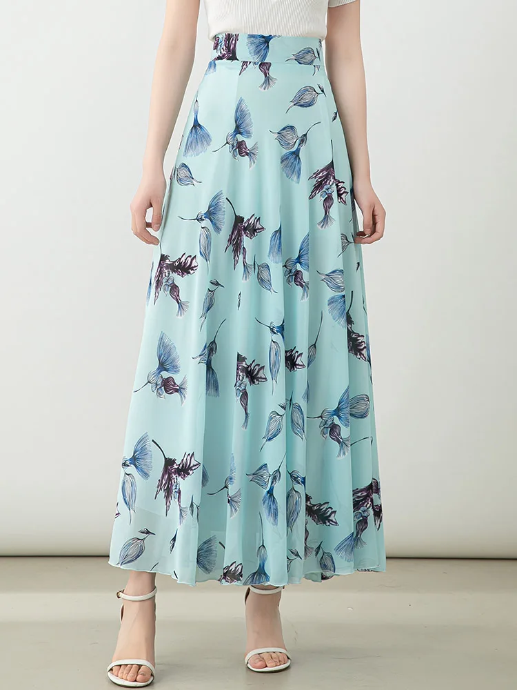 2024 Summer Flower Chiffon Women's Long Skirt Korean Fashion print Flowy Skirt Women Social large size skirts womens
