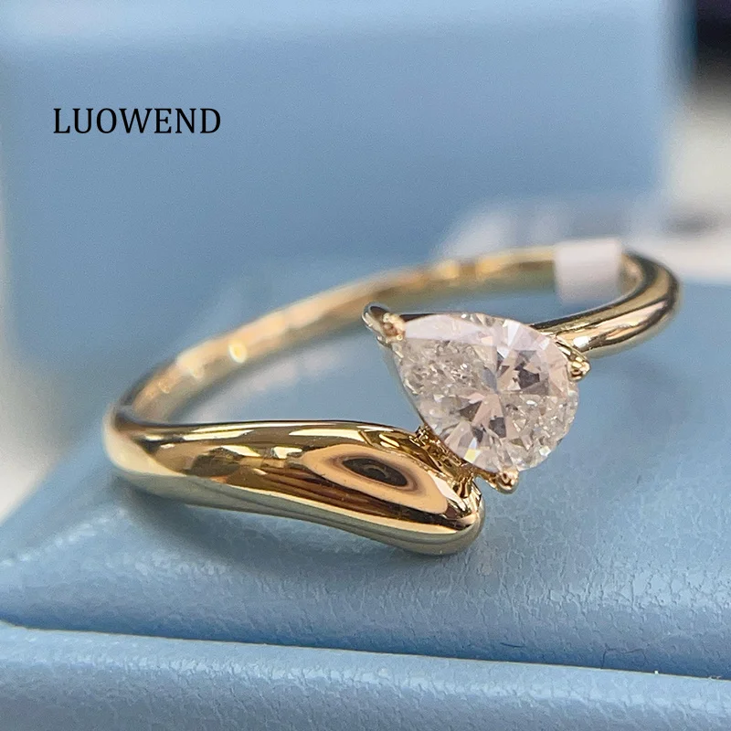 LUOWEND 100% 18K Yellow Gold Rings Luxury Minimalist Style Real Natural Diamond Engagement Ring for Women High Wedding Jewelry