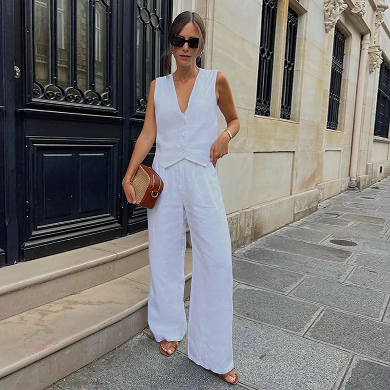 

European And American 2025 Women's Aliexpress Cotton And Linen Sleeveless Vest Vest Vest Trousers Two-piece Casual Fashion Suit