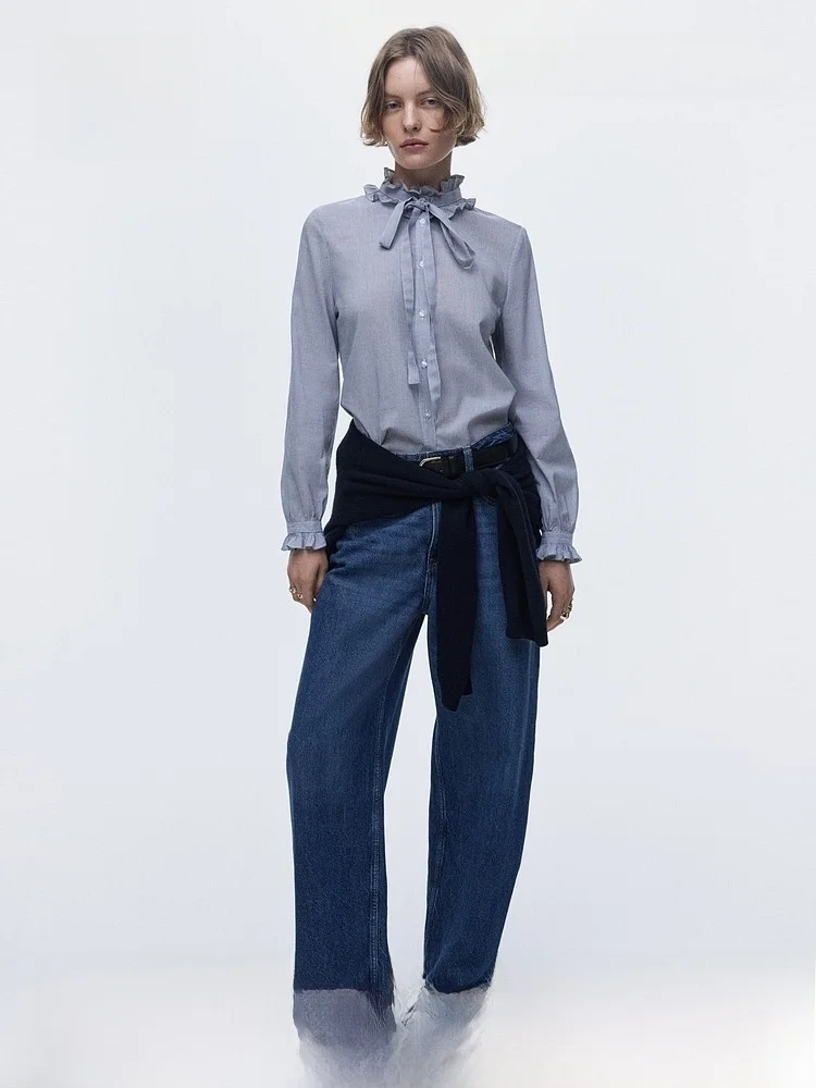 

H&M Women's Shirt Commute Business Tuck Trendy Wood Ear Shirt Casual Style Long Sleeve Cotton V-Neck Button Detail