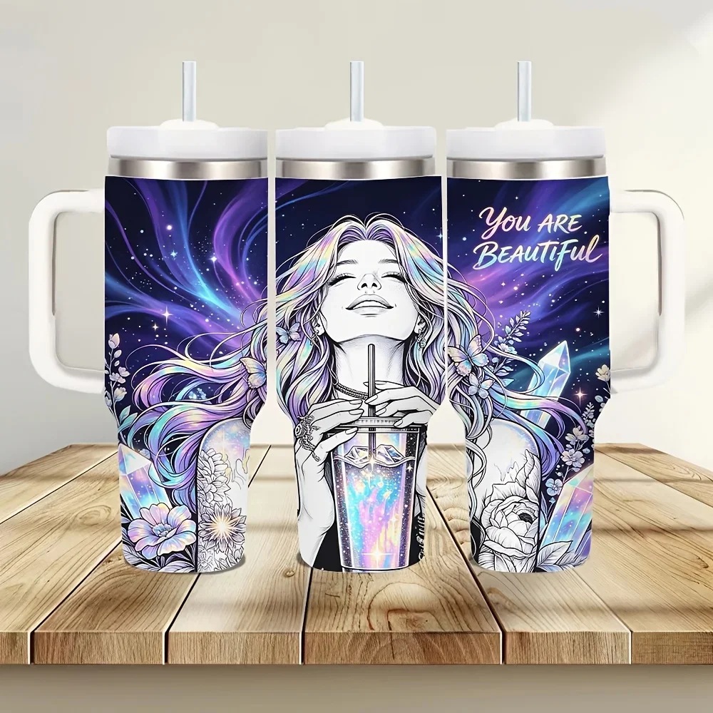 40Oz Tumbler with Handle And Straw, Printed Beautiful Woman Pattern with Words 