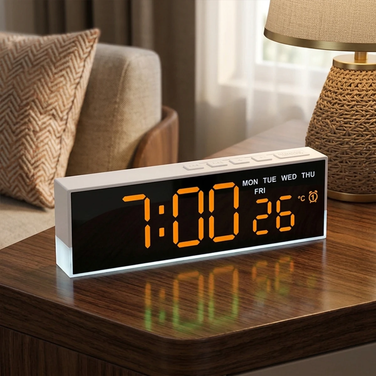 Réveil numérique alimenté par USB avec lumière d'ambiance, affichage de la température et du jour de la semaine, 2 alarmes, horloge de table avec fonction DST, 3 niveaux de luminosité, horloge LED 12/24H