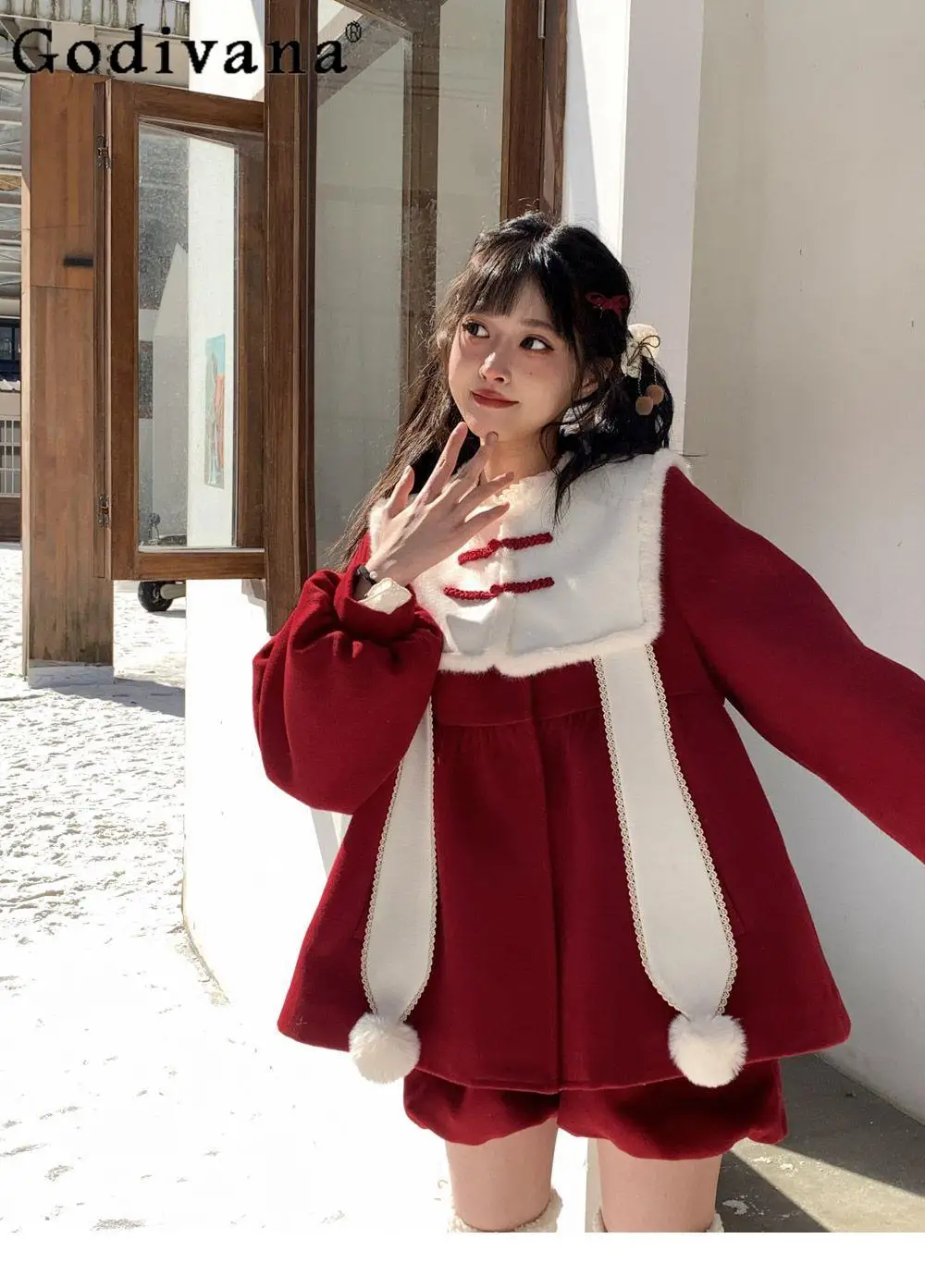 

Christmas New Year Red Set Japanese Sweet Cute Doll Feel Winter Warm Coat and Bloomers Two-Piece Set