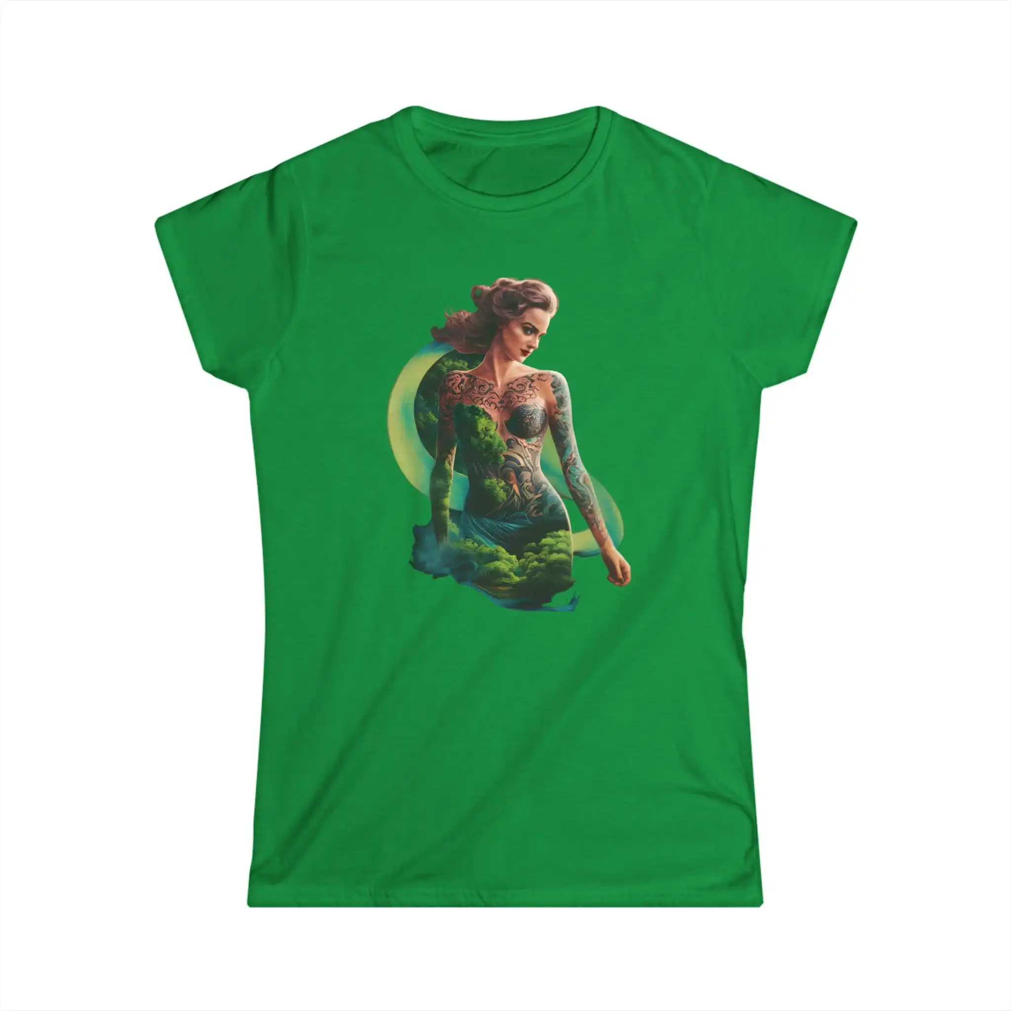 Women'S Hyper Realistic Tattoo T Shirt Lush Green Landscape Double Exposure Art Streetwear Style Vibrant 3D Design