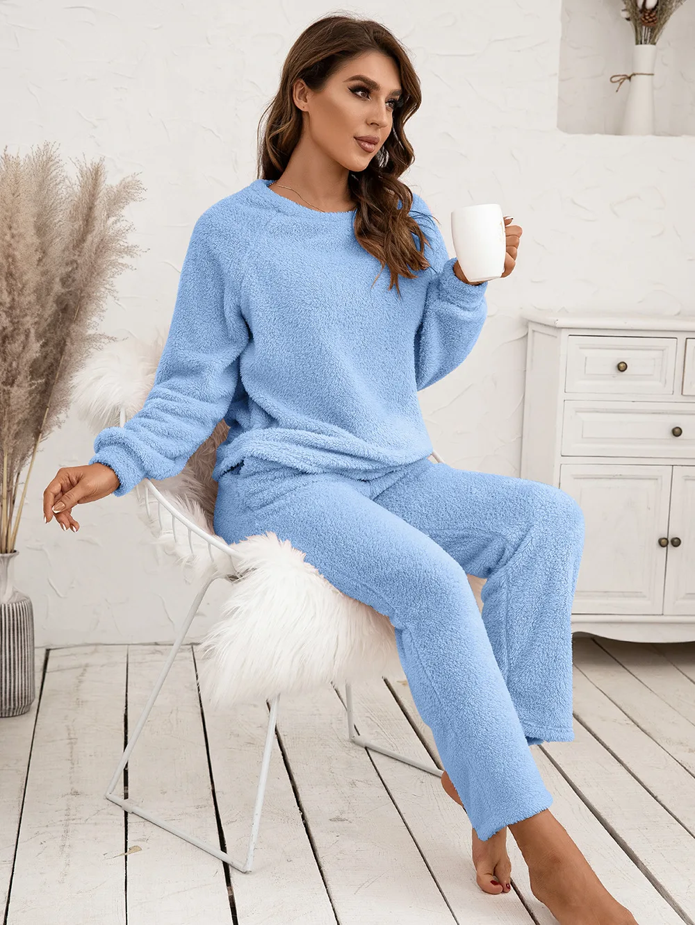 Conjunto casual fuzzy loungewear feminino, tops e calcinha, roupa caseira para outono e inverno, 2 peças