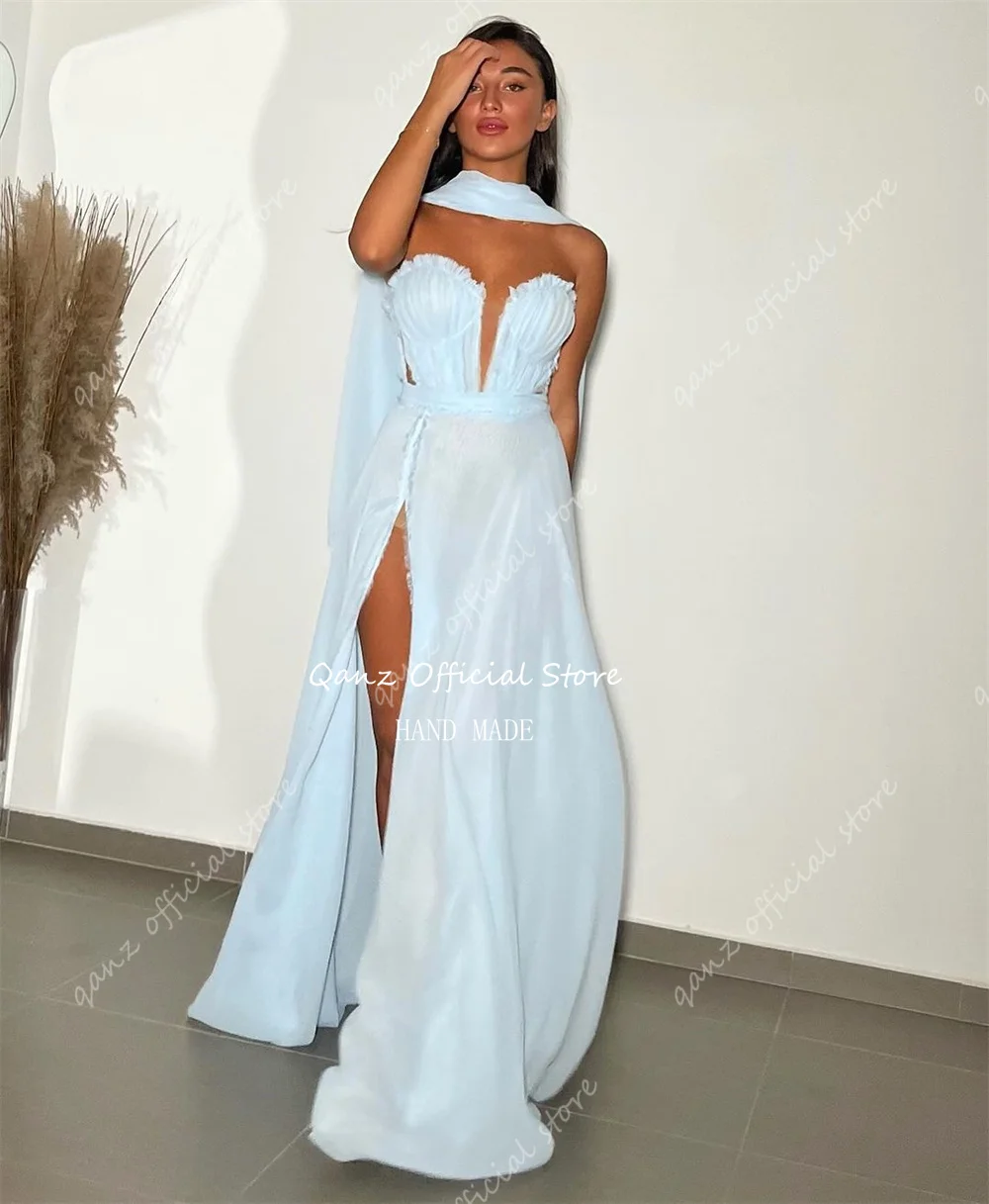 Qanz Baby Blue Chiffon Evening Dresses Customized High Slit Lace Up Back Sexy Pary Dress Long A Line Elegant שמלה ערב נשים 2024