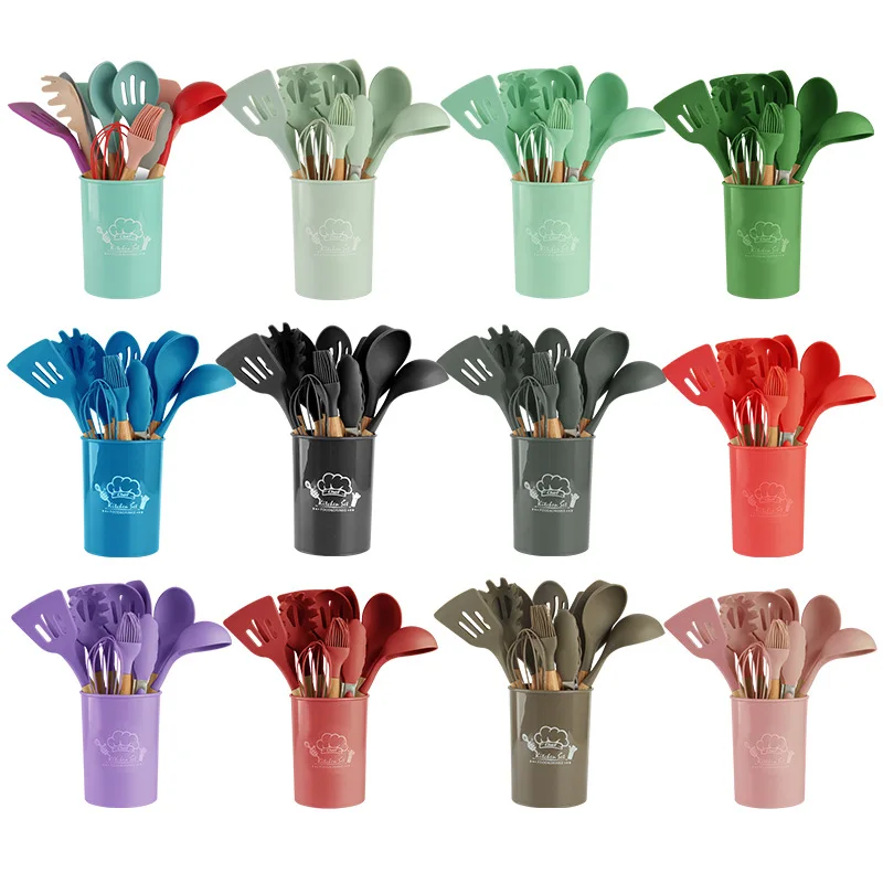 Wooden Handle Cooking Spoon Set, Silicone Kitchenware, Baking Tools, 12 Pcs