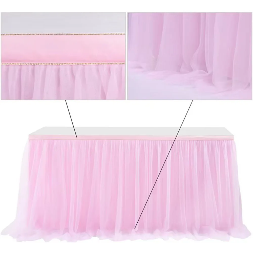 

Simulated Glitter Pearl Chiffon Table Skirt 4FT/6FT/8FT/9FT/14FT Guaze Ruffle Dining Table Skirt Wedding Party Table Decor