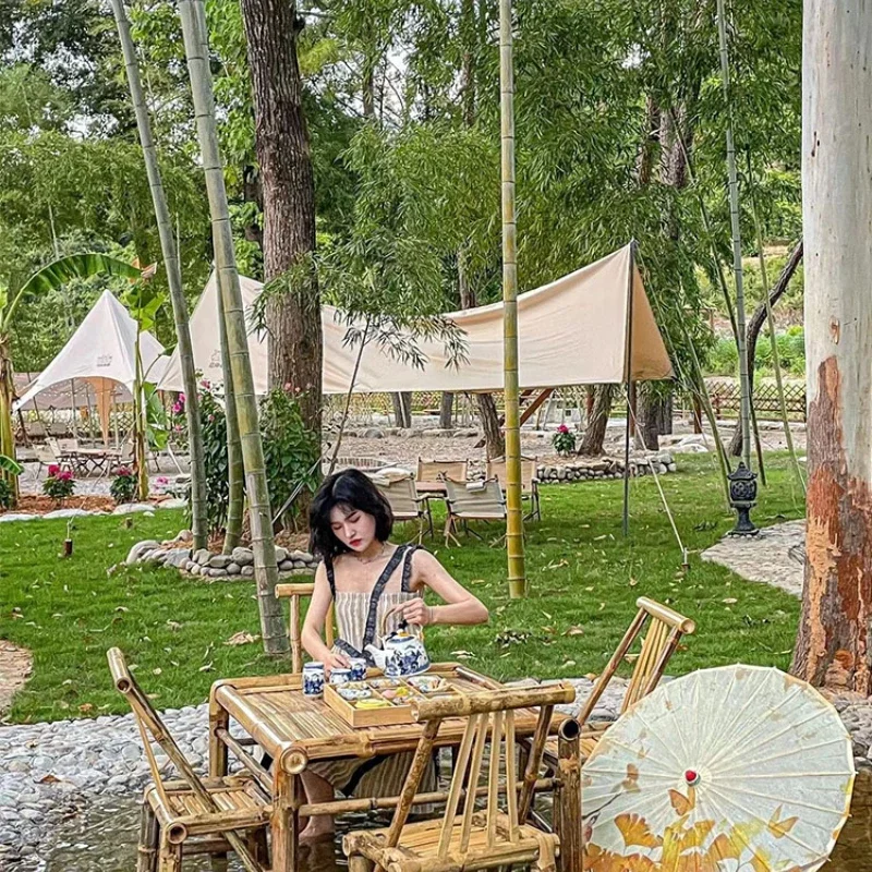 Tea House Bamboo Table and Chair Combination Internet Celebrity Outdoor Bamboo Table Bamboo Chair