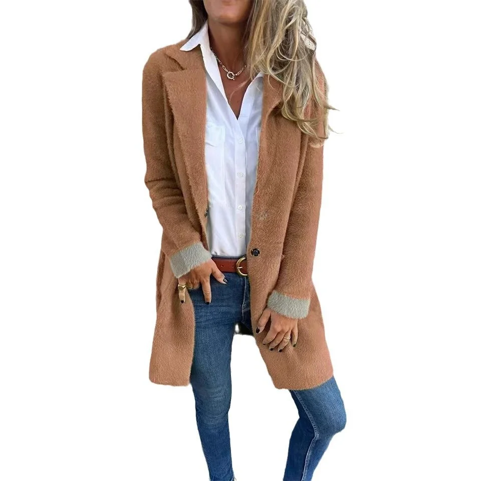 2024 Autunno Inverno Nuovo Sle Cardigan lavorato a maglia da donna con colletto rovesciato Capispalla soffice di media lunghezza Materiale di seta