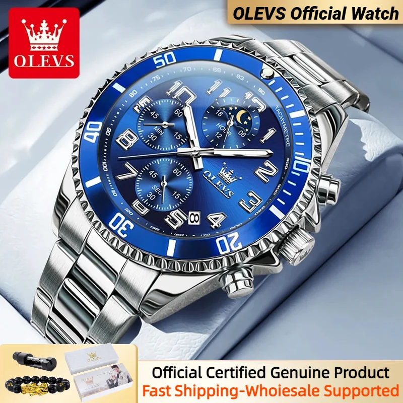 OLEVS Quartz Watches for Men Number Dial Moon Phase Calendar Big Face Waterproof Men\'s Wrist Watch Stainless Steel Men Watch NEW