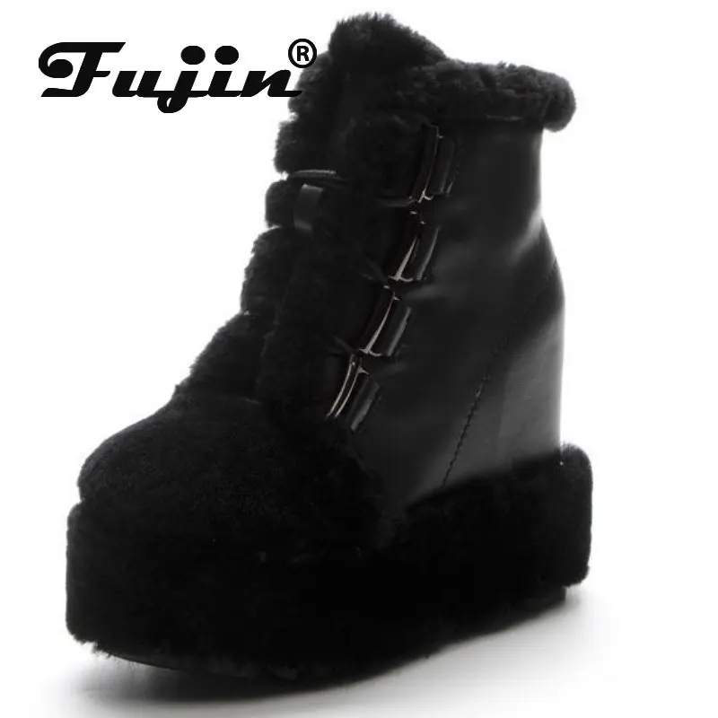 Fujin 10cm New Genuine Leather Synthetic Platform Wedge Fur Winter Plush Warm Ankle Boots Super High Elegant Fashion Lady Shoes