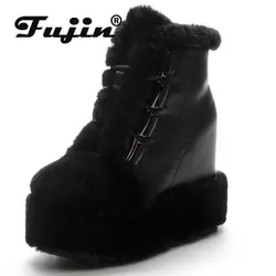 Fujin 10cm New Genuine Leather Synthetic Platform Wedge Fur Winter Plush Warm Ankle Boots Super High Elegant Fashion Lady Shoes