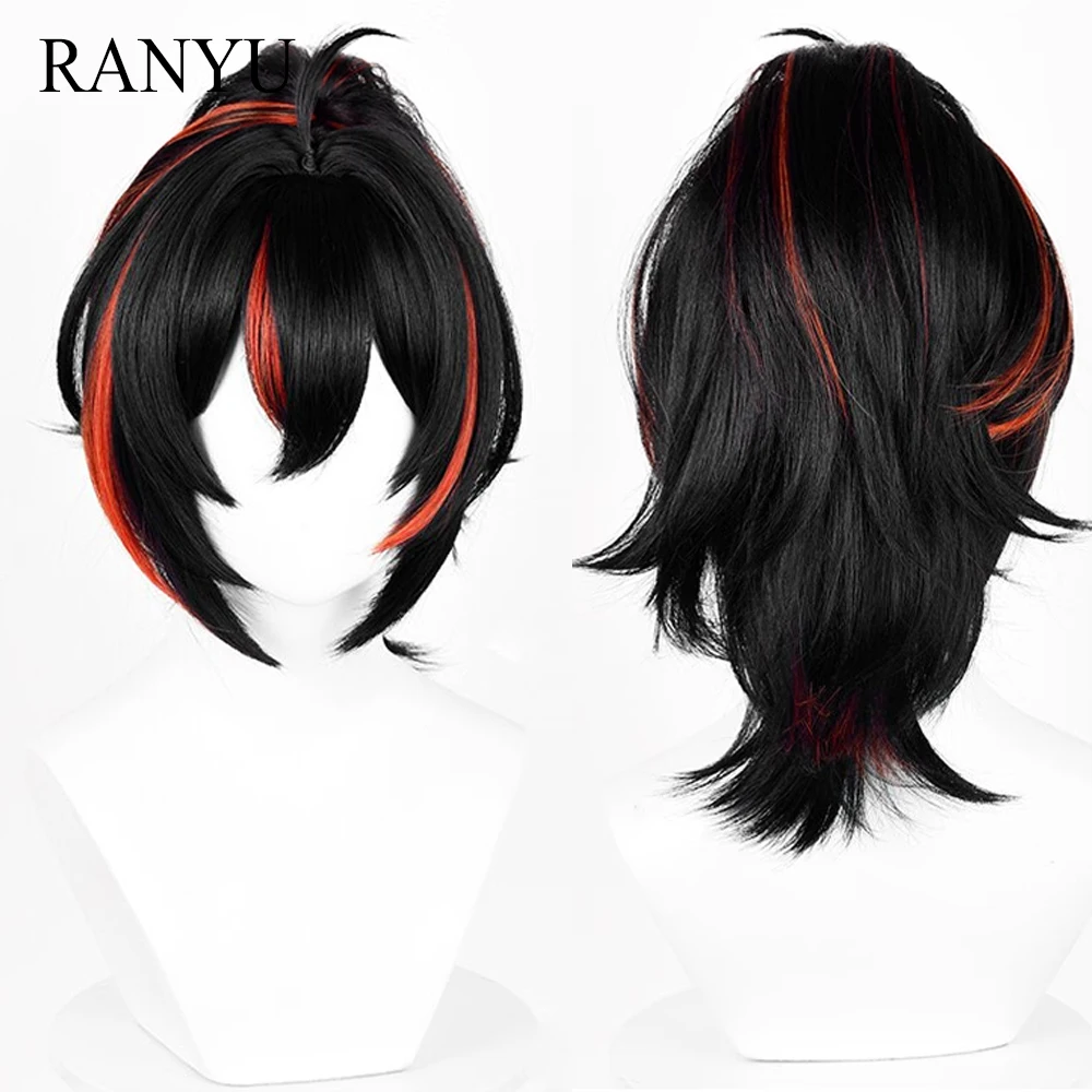 Zenless Zone Zero Zhu Yuan Wig Synthetic Short Straight Black Orange Highlights Ponytail Clip Game Cosplay Wig for Daily Party