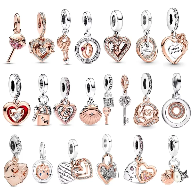 Sparkling Rose Gold Infinity Heart Lollipop Key Dangle Charms Bead DIY Jewelry Fit Original 925 Sterling Silver Pandora Bracelet