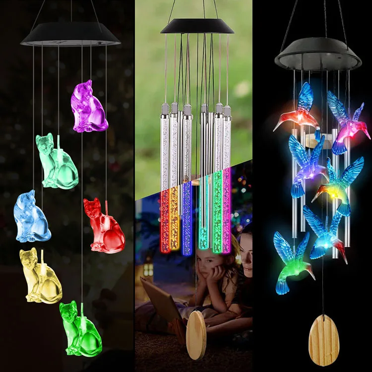 New LED Solar Wind Chime Light Colorful Gradient Hummingbird Butterfly Ball Courtyard Christmas Gift Outdoor Decoration