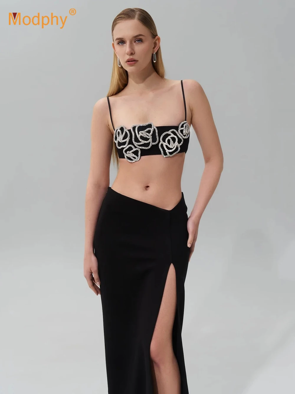 

Modphy Women Celebrity Sexy Backless Sling Diamond Flower Top Maxi Long Skirt Set 2025 New Elegant Evening Club Party Outfit