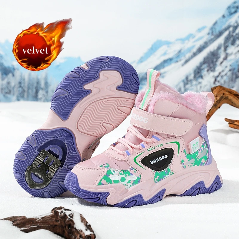 

Зимние походные ботинки на меху, детские зимние ботинки, теплая бархатная детская спортивная обувь для девочек, уличные нескользящие высокие кроссовки для мальчиков