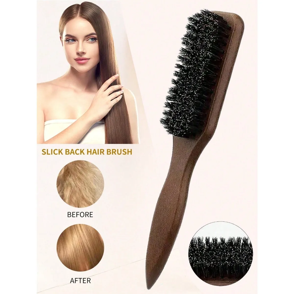 Cepillo de pelo de cerdas de jabalí de madera maciza, cepillo de peinado de cerdas naturales finas y densas, peine de madera lisa para el cuidado del cabello, control de bordes de cabello de bebé y peinado de barba
