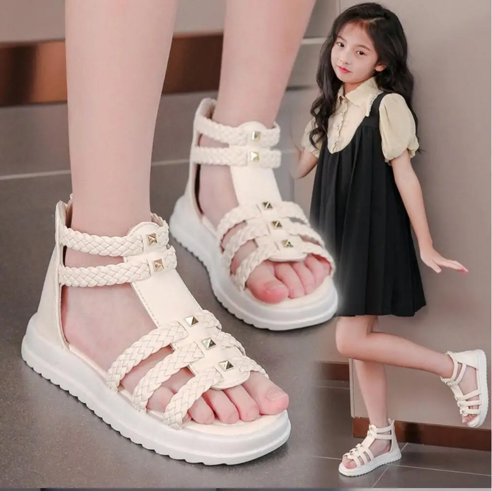 

Girls Roman Sandals Open Toe Braided Solid Color High-top Simple Rivets New Summer Hollow Flat Casual Shoes Kids Fashion Casual