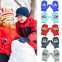 2 pairs 1-4 Years Old Boys Girls Full finger Engineering Car Pattern Cute Thick Warm Knitted Gloves Mittens