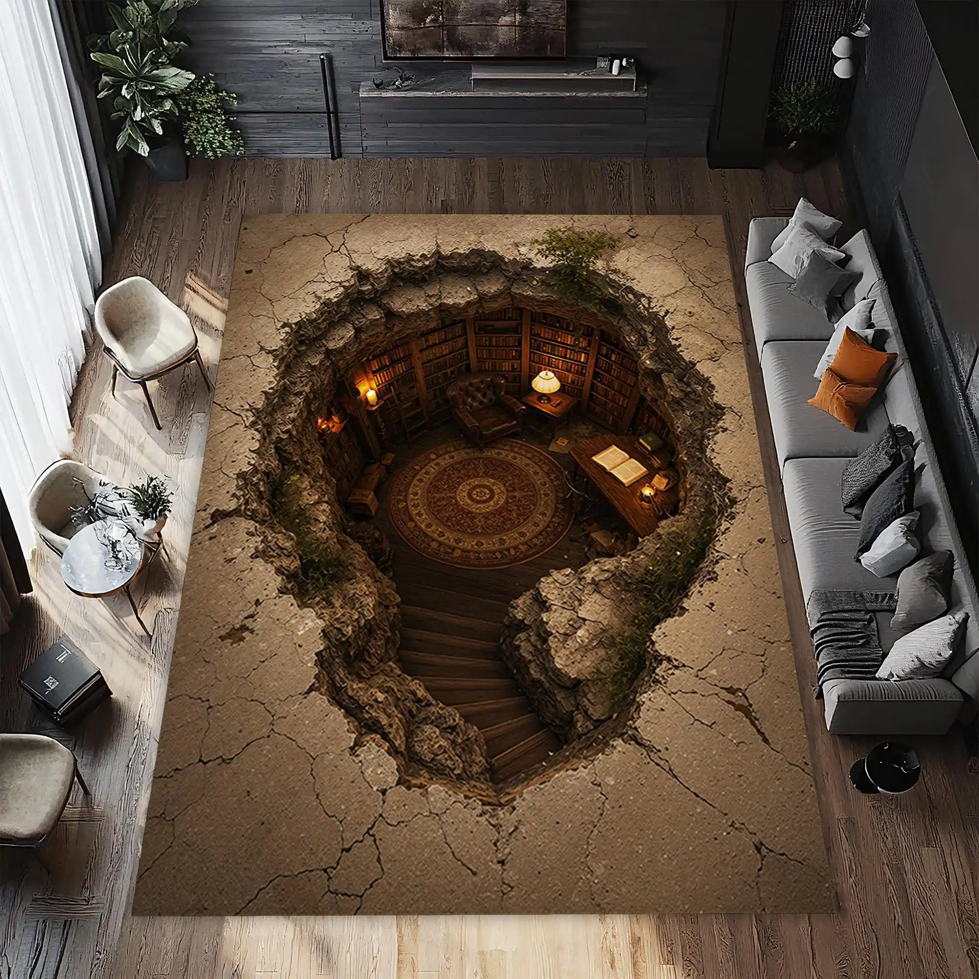 3D Cracked Ground Hidden Underground Ancient Library graphics Rug,Study Room Entrance Hall,Non Slip Rug,Gift
