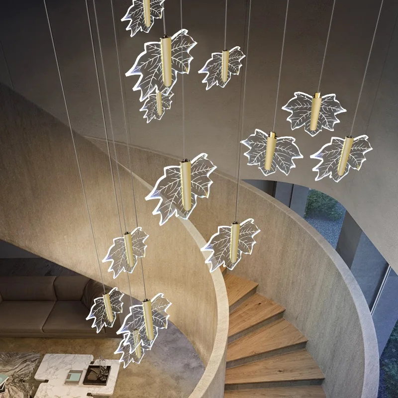 Modern Maple Leaf Staircase Long Pendant Lamp Light Luxury Duplex Villa Living Room Hollow Chandelier
