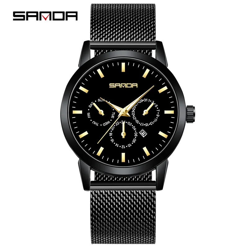 ساعة Sanda للرجال بثلاث عيون وستة أيدي كوارتز ساعة يد بسيطة بتقويم شبكي وحزام مقاوم للماء للزوجين