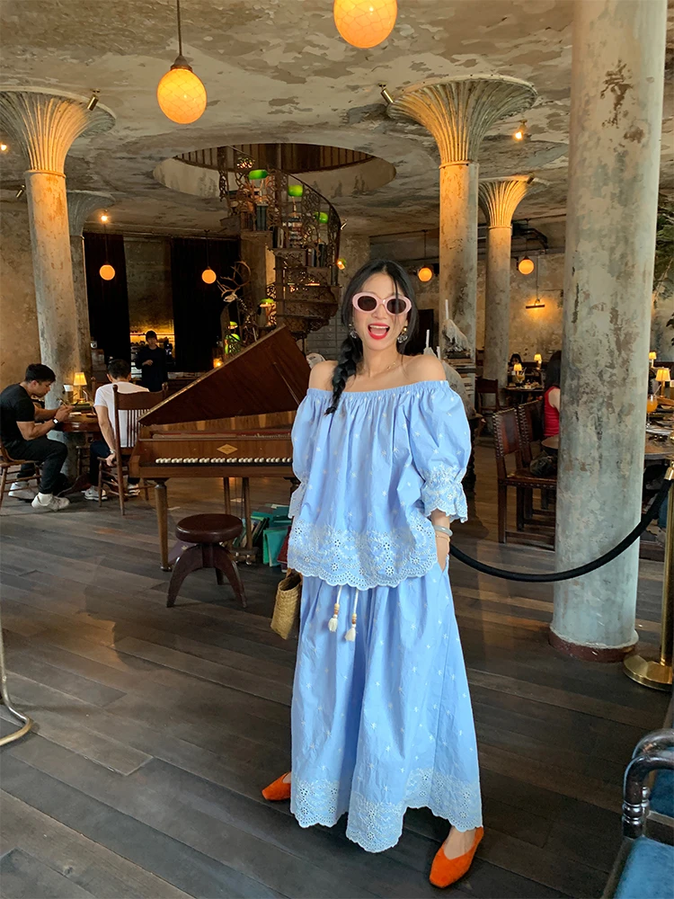 

Spring Fashion Blue Embroidered Hollow out One Shoulder Two Piece Set Cotton round Neck Sleeve Midi Skirt And Top Ensemble