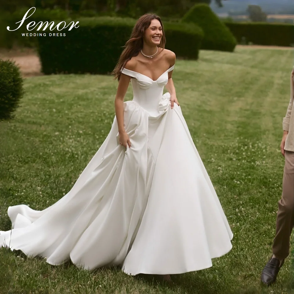 Semor Simple A-line Wedding Dress Off White Off the Shoulder Satin Pleat Bridal Gown Back Zip robe de mariée 2027 Customized