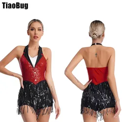 Womens Tassel Jazz Latin Dance Leotard Performance Costume Halter Backless Sparkly Sequins Fringe Jumpsuit Sleeveless Dancewear