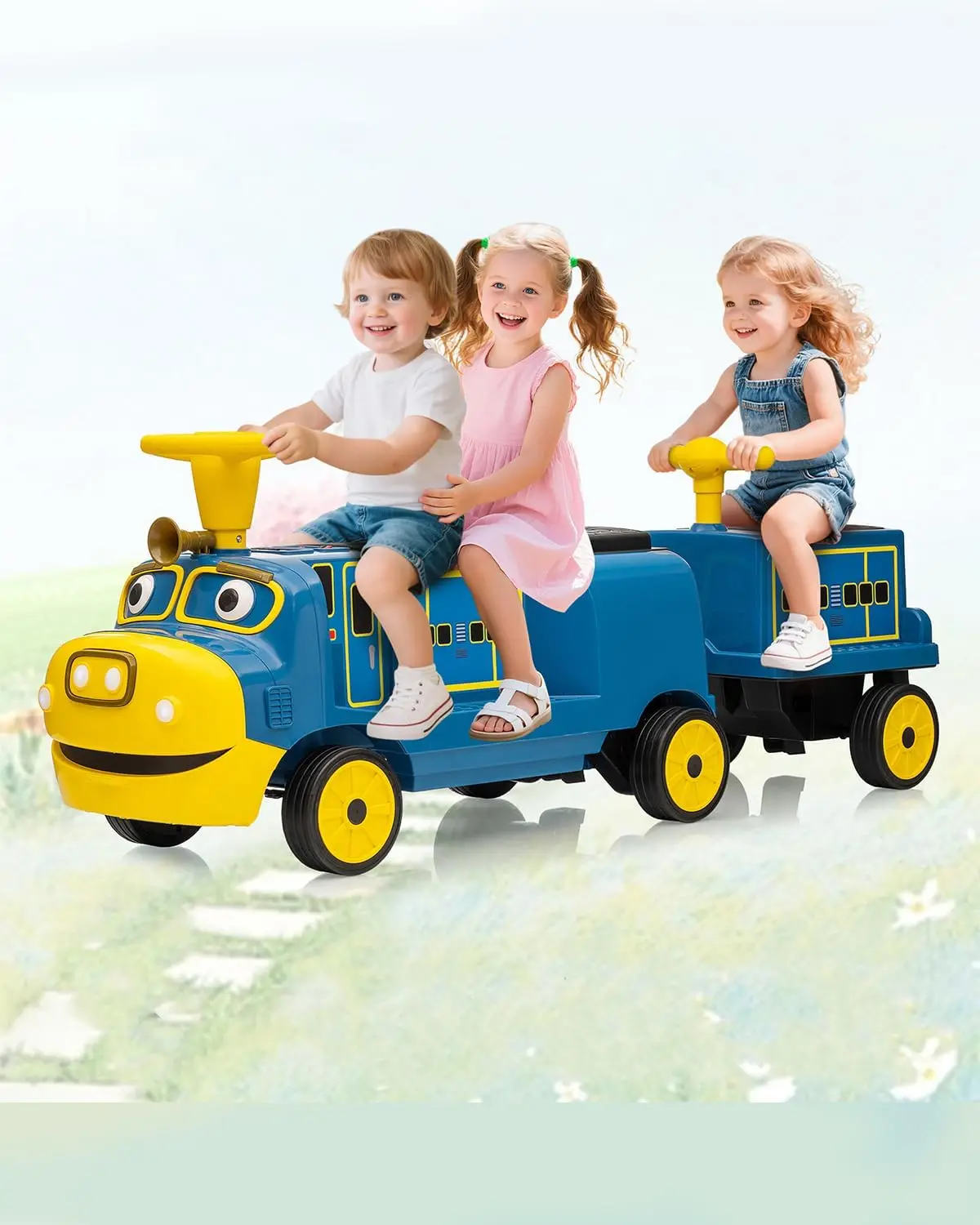 12V 3人乗り電動列車、線路不要、子供用乗用玩具車、2段階速度、ワンボタンスタート、ヘッドライト、ホーン、ギフト用追加収納付き