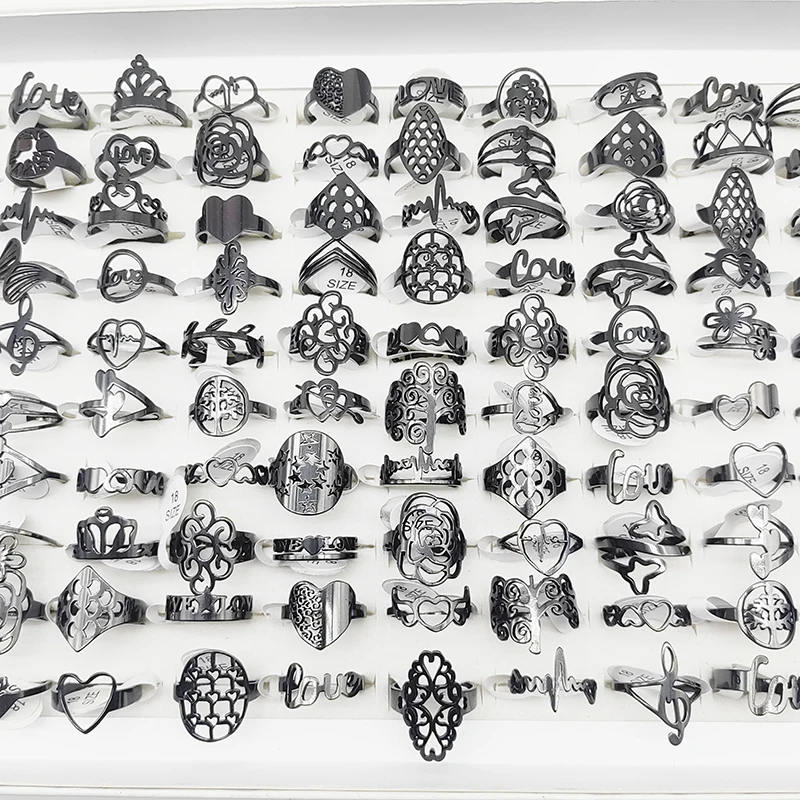 

100pcs/Lot Factory Wholesale New Mix Style and Size Stainless Steel Finger Rings Women Male Party Bar Cutout Design Jewelry Gift