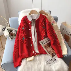 Fashion Beige Pink Red Flower Embroidery Knitted Cardigan Women Slim Short Sweater O Neck Long Sleeve Knit Jacket Coat Female