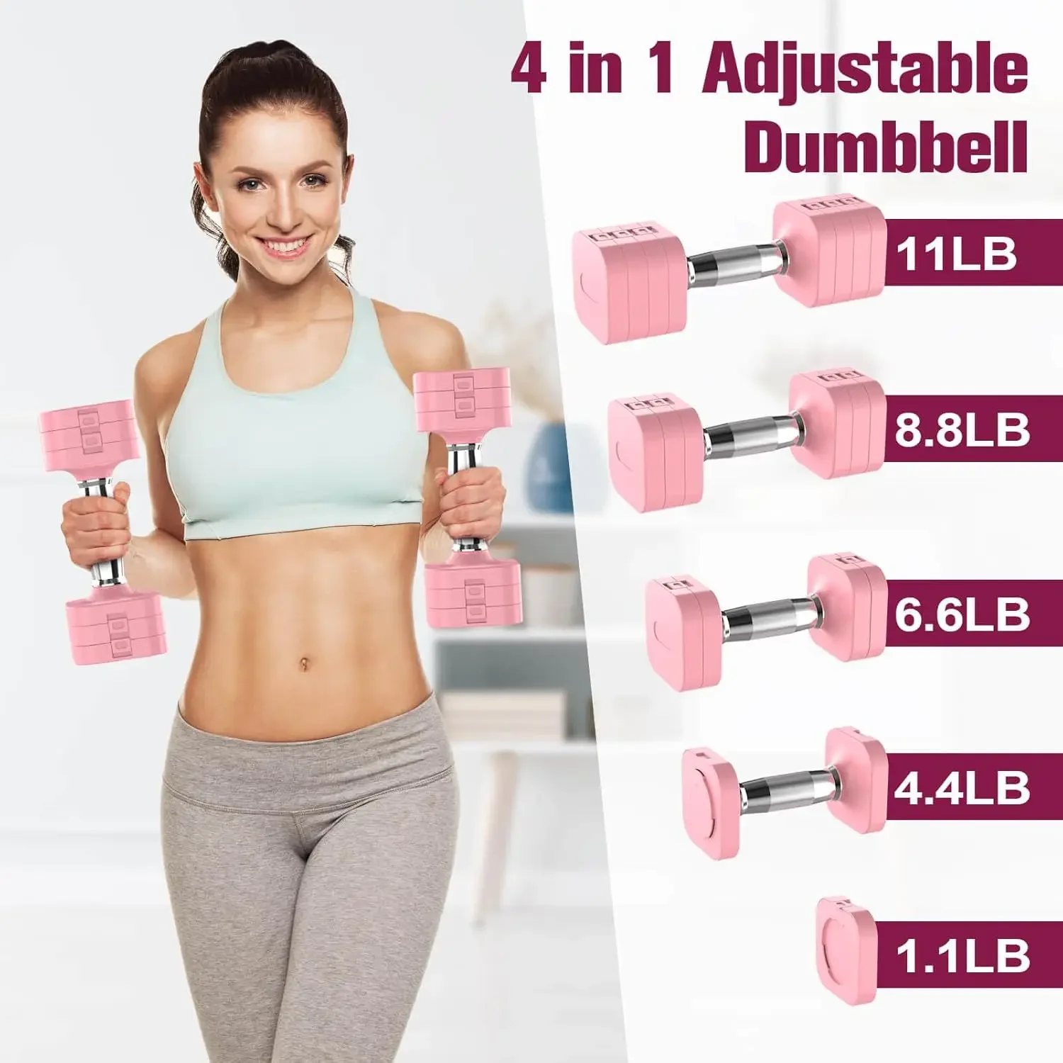 Adjustable Dumbbells Set of 2 with 4 Levels 4.4lb 6.6lb, 8.8lb, 11lb, Hand Weights Sets for Women/Men Home Gym Full Body Workout