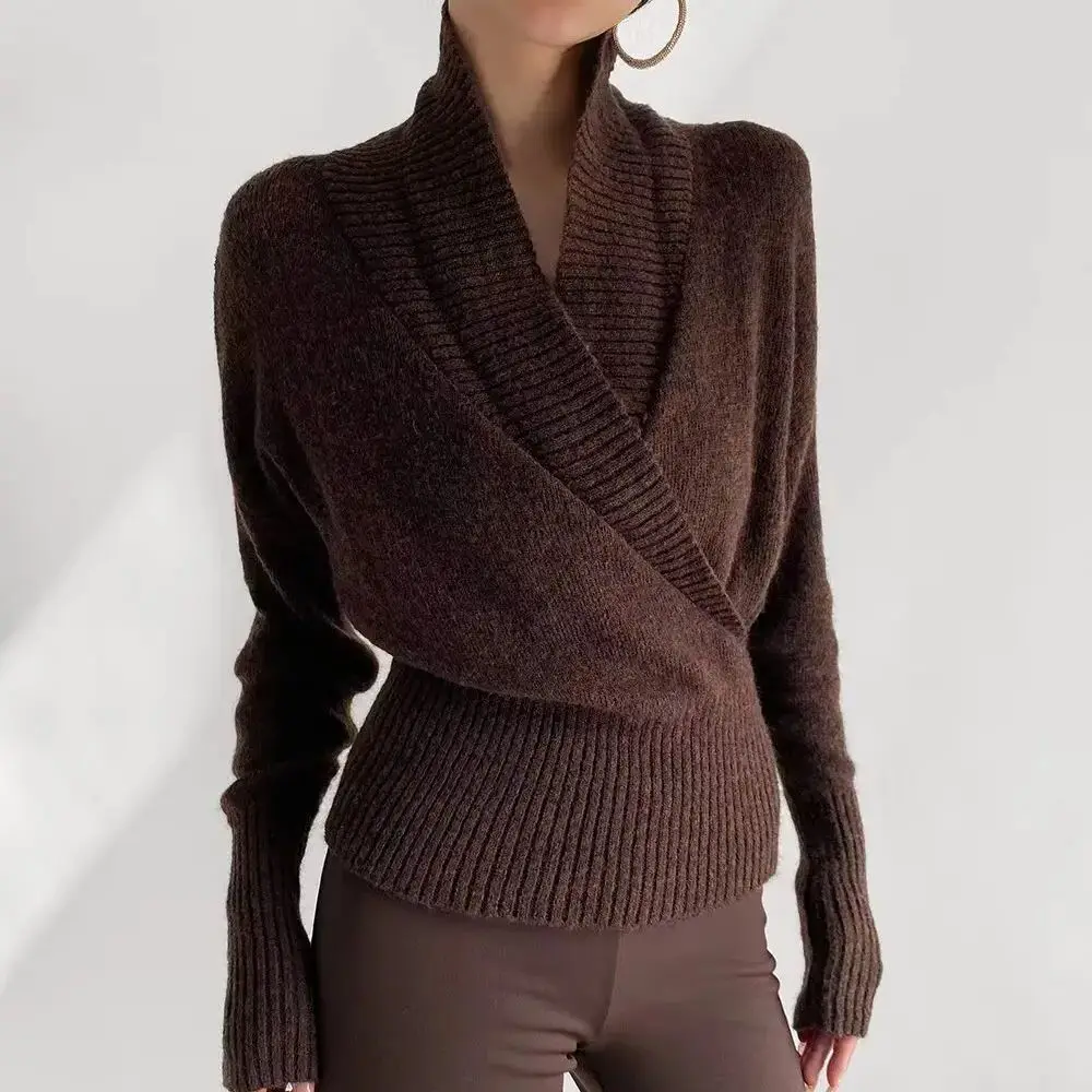 2025 Autumn Women Cross Lapel V Neck Knitted Pullover Sweater High Waist Slim Rib Hem Full Bat Sleeve Jumper Short Knitwear