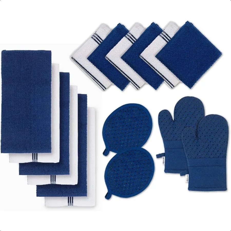 

Tea Towels 16 Pc Set with Silicone Oven Mitts and Pot Holders Cotton Kitchen Towels Absorbent Dish and Hand Towels Indigo
