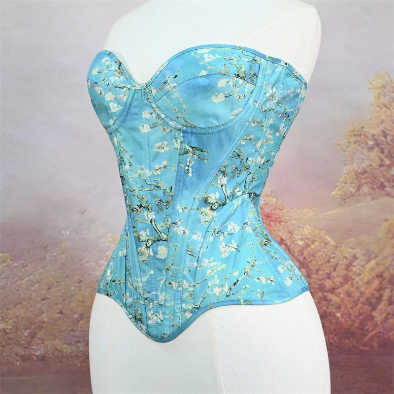 Women Tight Corset Bustier Overbust Cup Vintage Printed Fishbone Shaping Tops Sexy Lace Up Boned Bodice Stage Costume