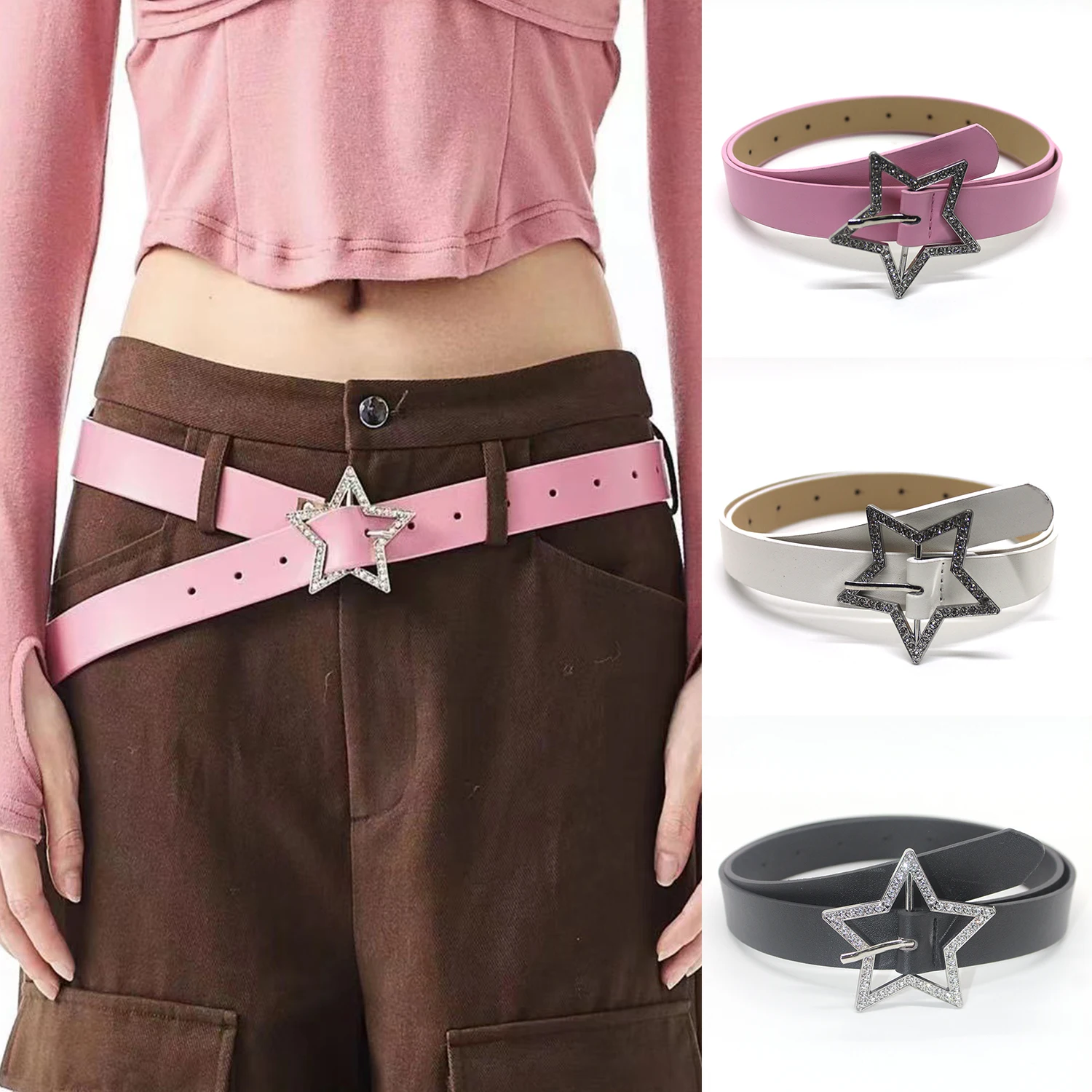 1PC Retro Rhinestone Five-pointed Belt Y2K Jeans Pants Decorative Belt Crystal Embellished Black White Star Waistband Belt