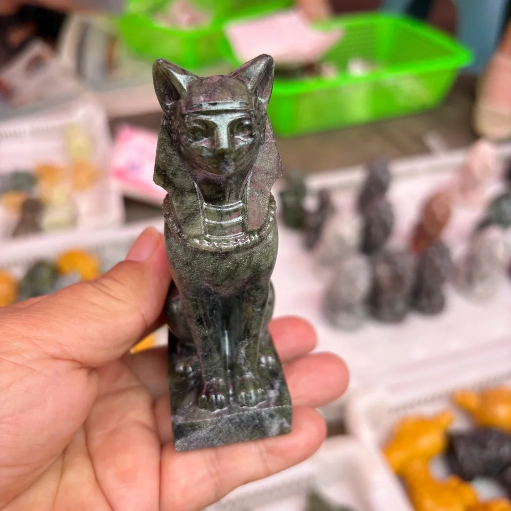 Natural Garnet Quartz Egyptian Bastet Goddess Statue Polished Reiki Healing Fengshui Energy Room Decor High-Quality Gift