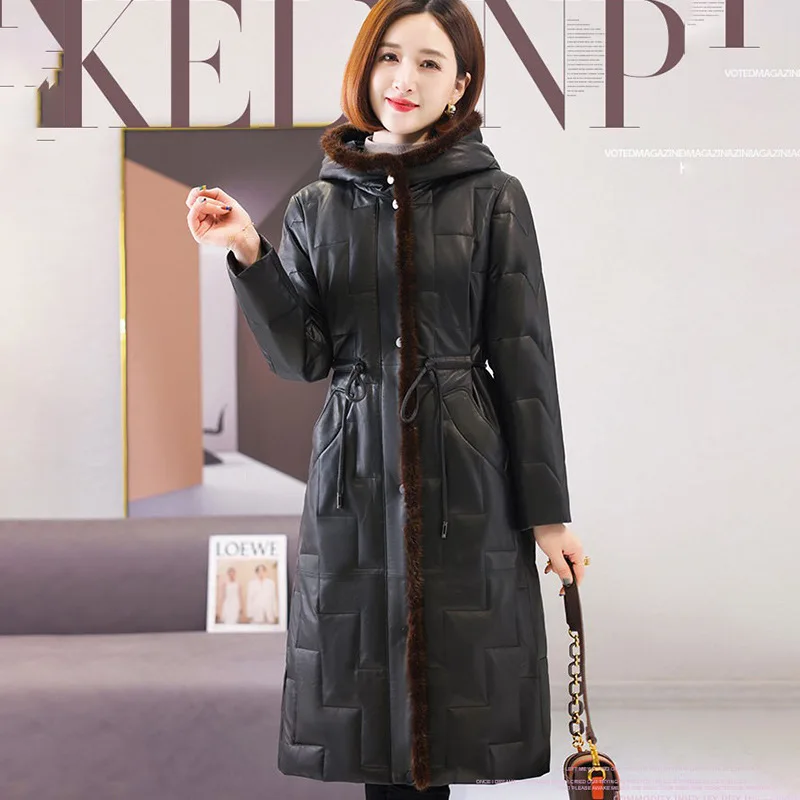 

2023 Promotion Leather down jacket women's medium long winter new mink fur collar foreign temperament sheep leather coat