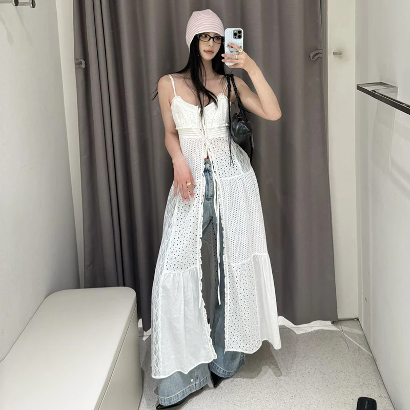 ลูกไม้Patchwork Camisชุดผู้หญิงY2K Holiday Beachชุดยาวแขนกุดเกาหลีแฟชั่นHarajukuเซ็กซี่สีขาวLace Up Vestidos