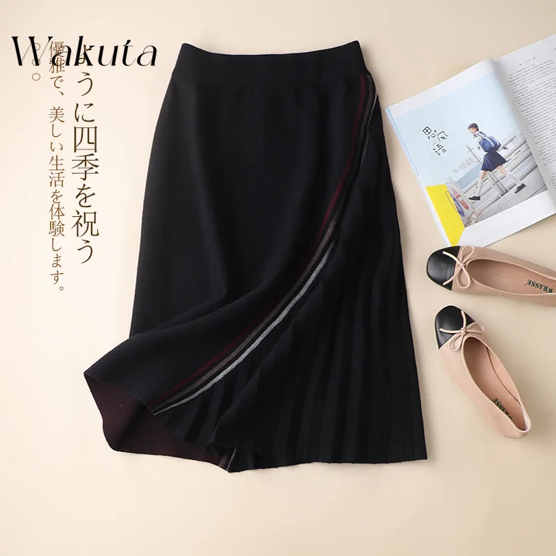 WAKUTA Japanese Autumn Winter Half-body Skirt Chic Color Blocking Temperament Commuting Medium-length Pleated Office Lady Skirt