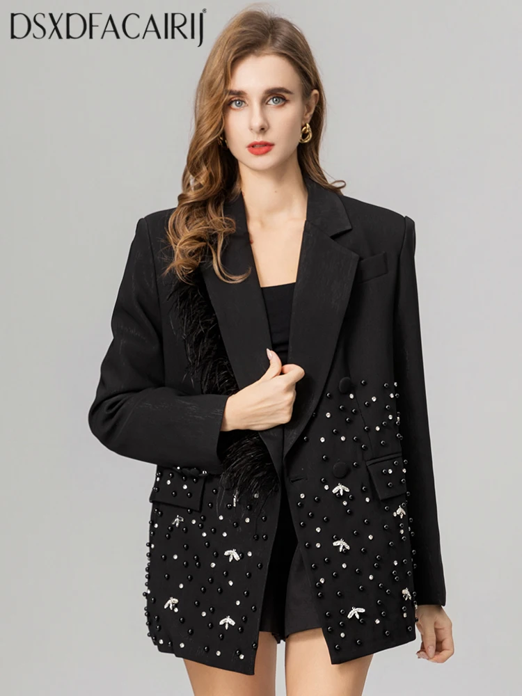 

DSXDFACAIRIJ Women's Turn-Down Collar Jacket Long Sleeve Feathers Beading Single Button High Street Fashion Autumnn