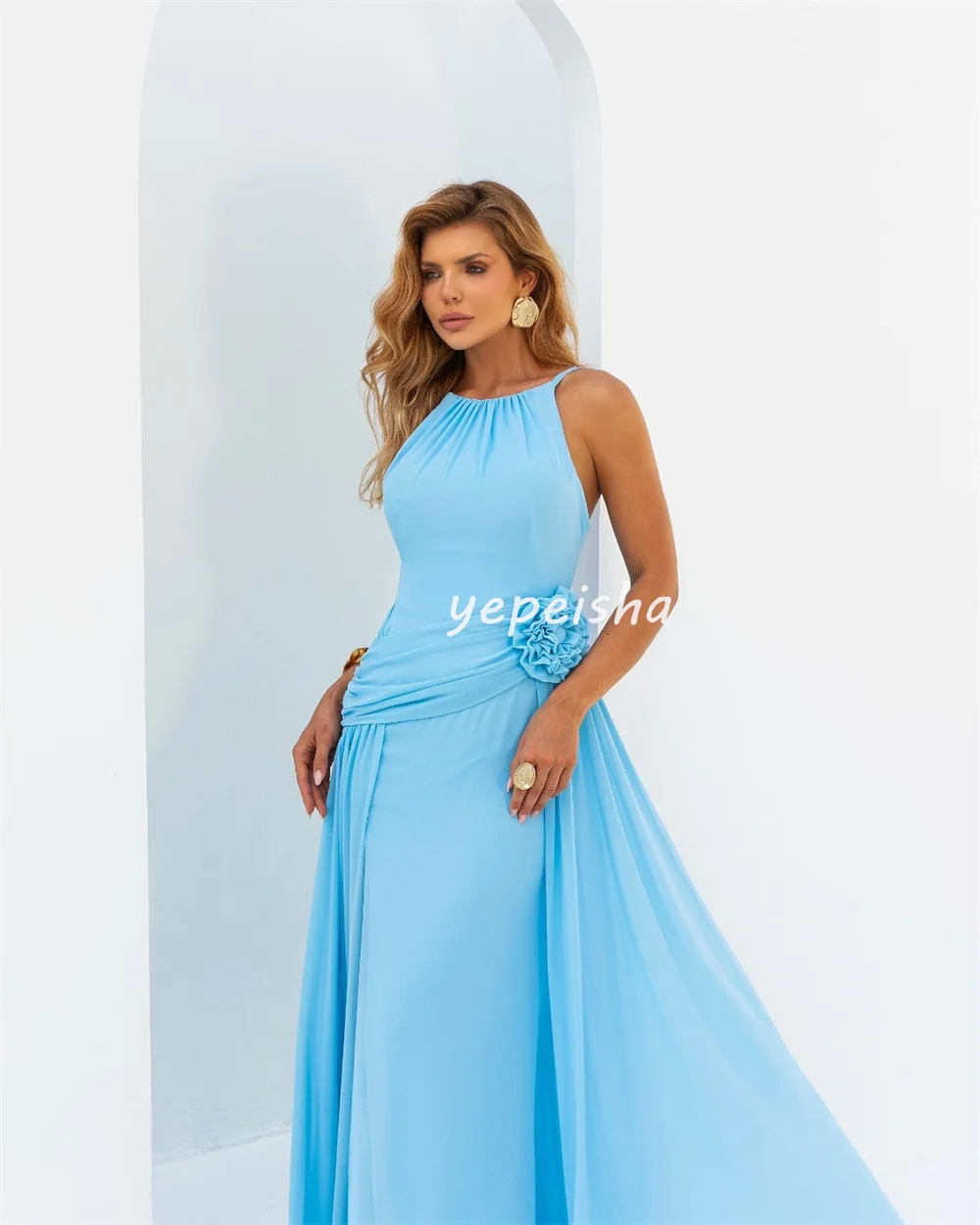 Customized Fashion Exquisite Chiffon Pleat Draped Handmade Flower A-line Scoop Neck Long Dresses Bespoke Occasion Dresses Formal