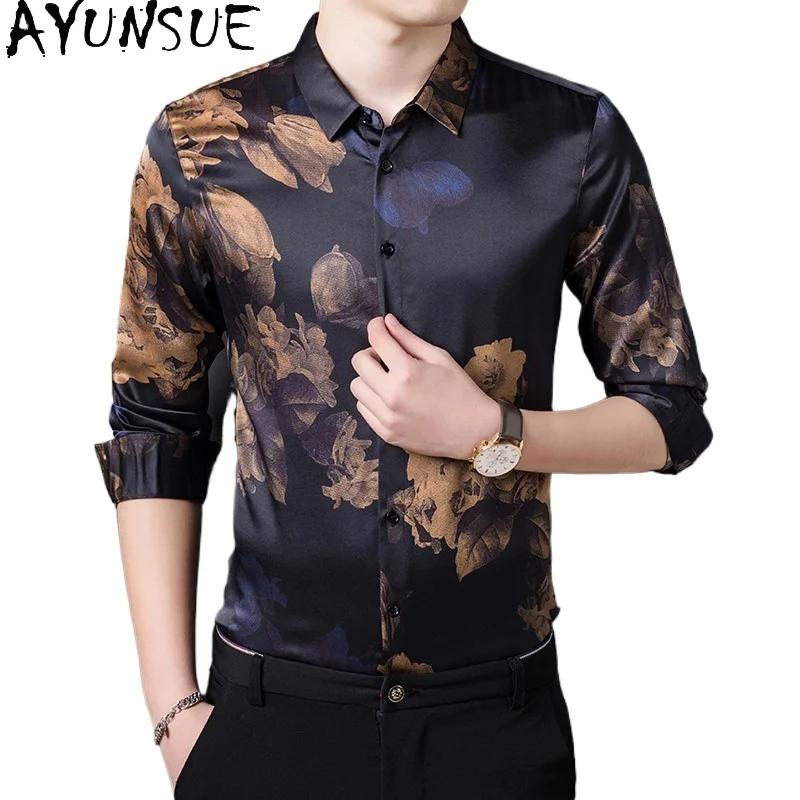 

AYUNSUE New Fashion 2026 Long Sleeve Shirts for Men Spring 92.4% Real Mulberry Silk Shirt Man Clothes Causal Printed Silk Tops
