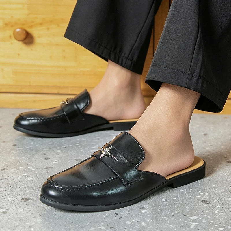 Large Size 38-46 Leather Mules Men Backless Loafers Outdoor Closed Toe Casual Shoes Half Slippers Slides Sandals Slip-on Sneaker