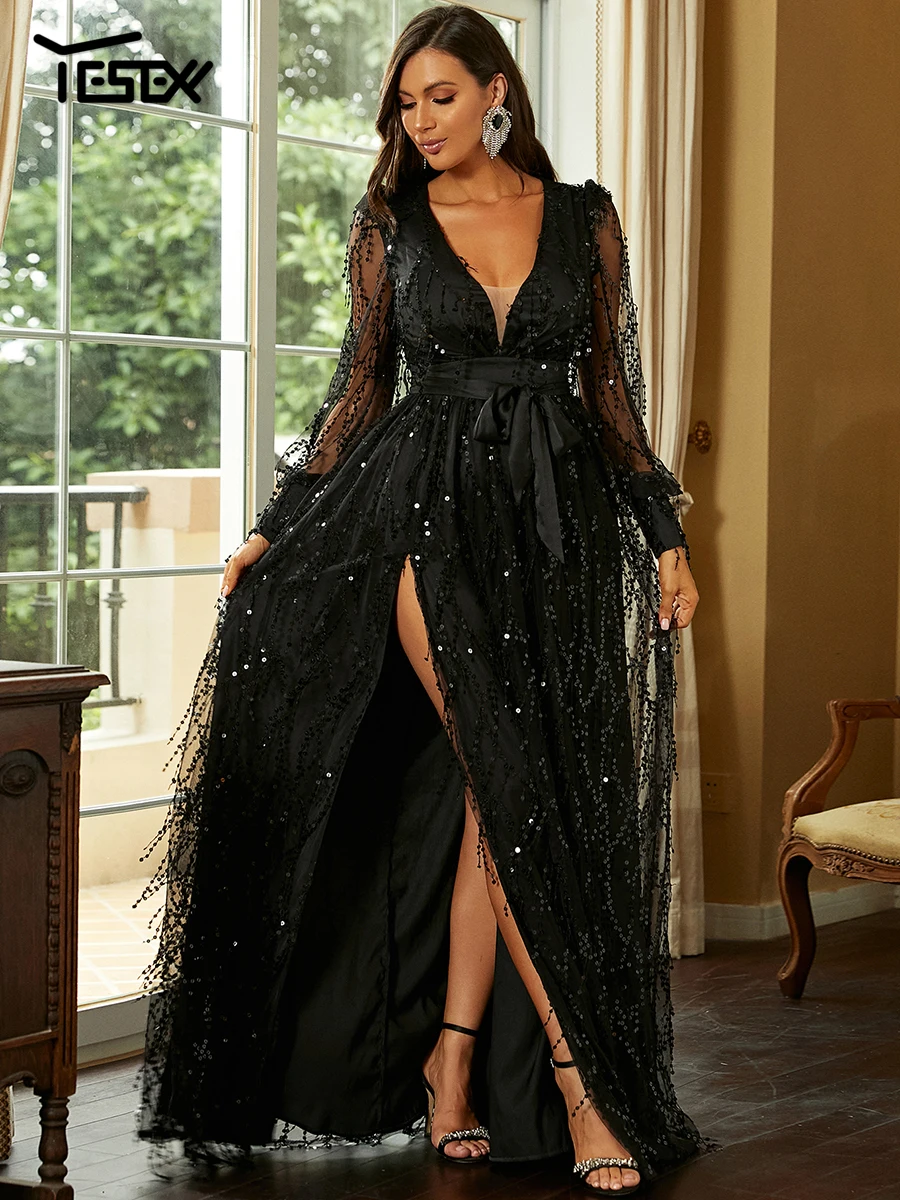 Yesexy Women Summer Dress Long Sleeve Mesh Sleeve Sequin Sexy Bodycon Evening Maxi Floor Length Elegant Black Dress