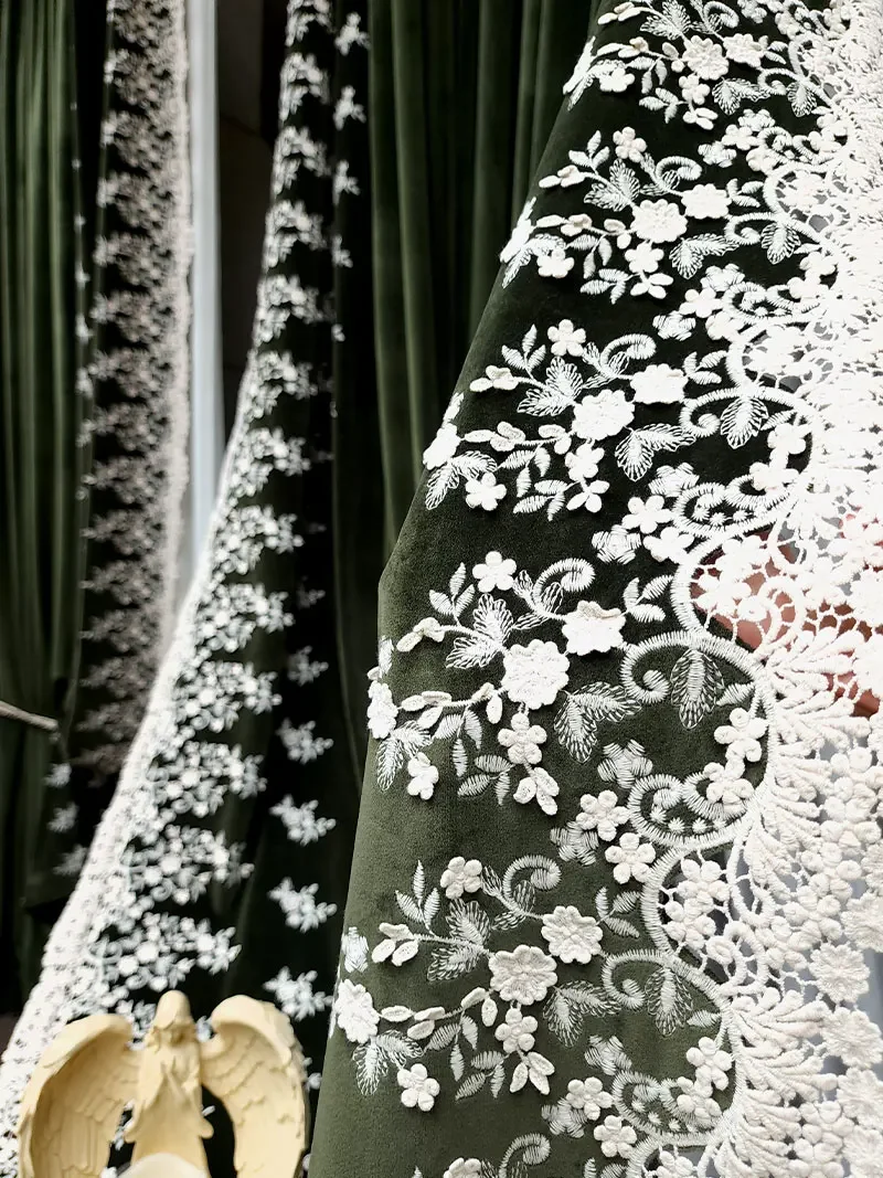 Dark Green Retro Lace Embroidery Velvet Thickened Curtains For Living Room Bedroom French Window Balcony Villa Customization
