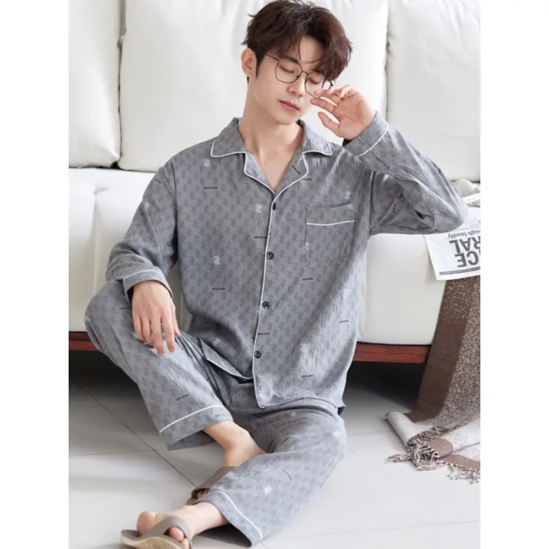 Men's Urban Style Pajama Set for Spring & Autumn, Simple Elegant Button Front Loungewear, Comfortable Fashion Daily Homewear
